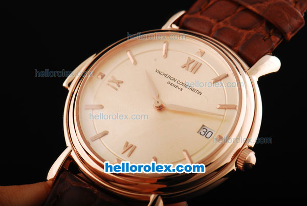 Vacheron Constantin Patrimony Swiss ETA 2824 Automatic Movement Rose Gold Dial with Roman Markers and Rose Gold Case-Brown Leather Strap - Click Image to Close